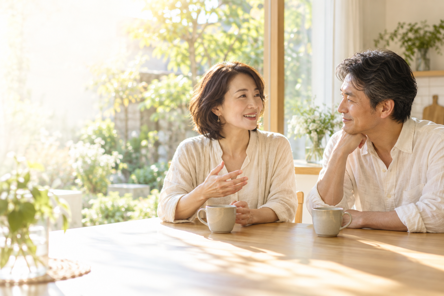 木漏れ日の入る部屋で、お茶を飲みながら穏やかに会話をする夫婦のイメージ